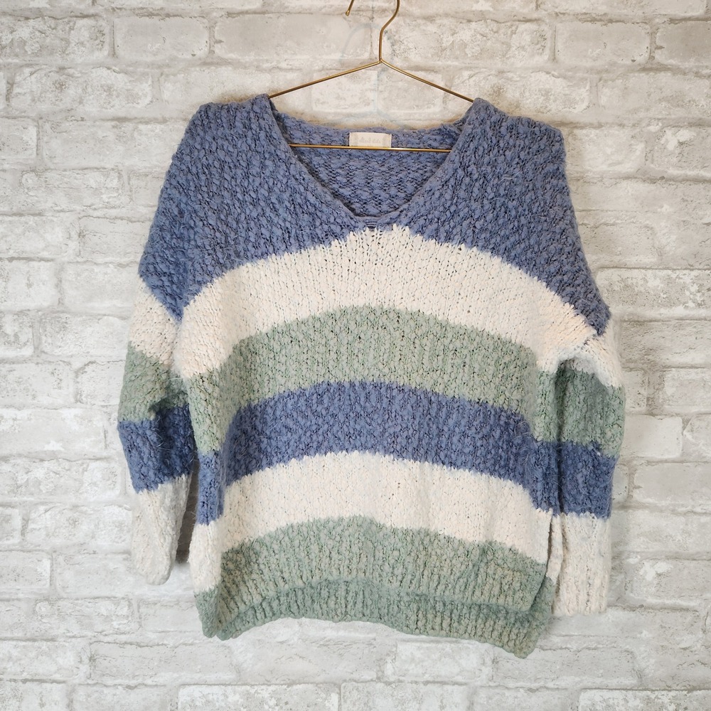 Altar'd State Sweater Striped Chunky Knit V-Neck Blue Green Boho S/M